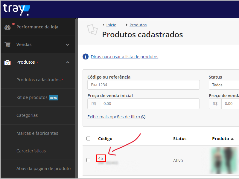 Código do produto na Tray